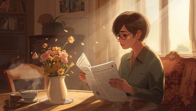 Sunlit cozy morning reading: woman with glasses reading broadsheet at wooden table