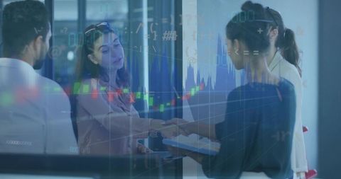 Team shaking hands in lobby with financial chart overlay and data-driven partnership