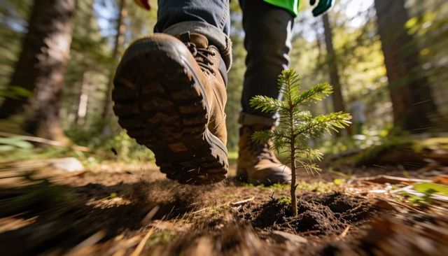 Hiker boot kicking forest floor near small pine seedling, dirt motion blur