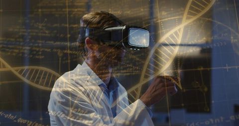Scientist Wearing VR Headset Visualizing Holographic DNA for Genomics Research