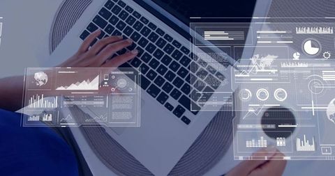 Woman Working on Laptop with Dashboard Overlays Holding Coffee Cup, Remote Work Analytics