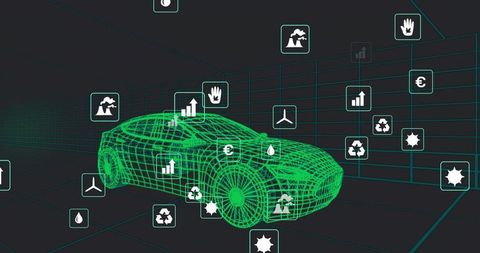 Futuristic Eco Car Wireframe with Eco-Friendly Technology Icons