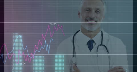 Smiling Doctor with Financial Graph Overlay Representing Healthcare Economics