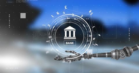 Robotic arm reaching toward holographic bank interface with floating currency symbols
