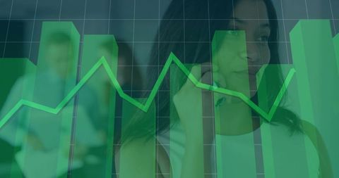 Businesswoman holding smartphone with green financial charts overlay showing growth trends