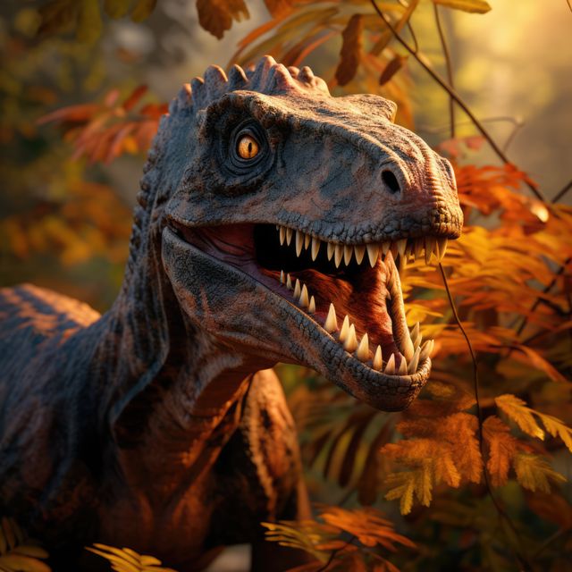 This vivid illustration features a close-up of a fierce velociraptor with sharp teeth and a menacing expression, set against autumnal foliage. Ideal for use in educational material about dinosaurs, children's books, nature-themed designs, or any project that requires attention-grabbing prehistoric imagery.