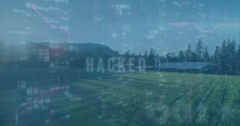 Digital glitch overlay on rural farm landscape indicating cyber intrusion