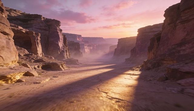 Sunlight illuminating sandstone canyon with natural arch and cracked riverbed at sunrise