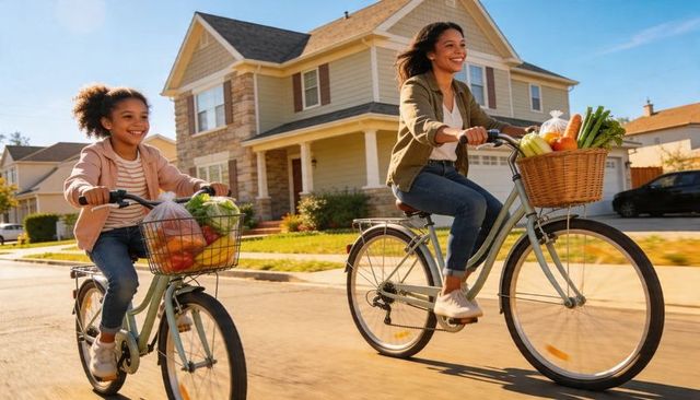 Mother and daughter riding bikes carrying groceries on sunny suburban street