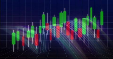 Dynamic Candlestick Chart on Grid with Light Waves Visualization