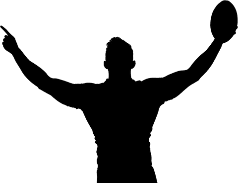 Transparent rugby player celebrating victory arms raised