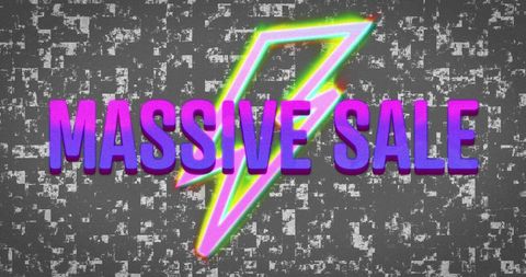 Neon 'massive sale' sign with thunderbolt and static effect background