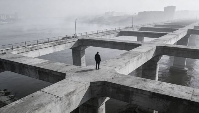 Solitary man standing on concrete grid bridge over foggy river minimalist urban silhouette