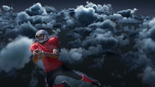 This video creatively depicts an American football player in bright red attire making a catch while surrounded by dark, stormy clouds. The dynamic background combined with the intense focus of the player offers a visually captivating scene for sports advertising, team promotions, or motivational posters. It can also serve as an invigorating visual for articles or presentations related to sports, competition, and teamwork.