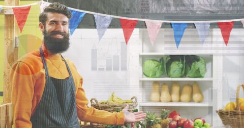 Shop Assistant Inviting Customers in Market with Financial Data Overlay