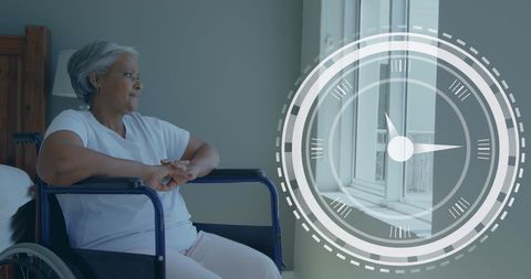 Elderly Woman in Wheelchair Contemplates Time by Window