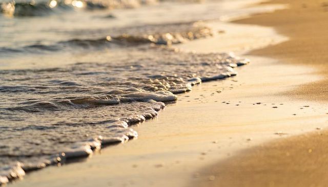 Golden sunrise surf lapping along wet reflective sandy shoreline with soft foamy waves