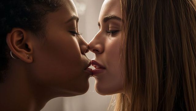 Intimate closeup of two women leaning faces together, tender romantic portrait