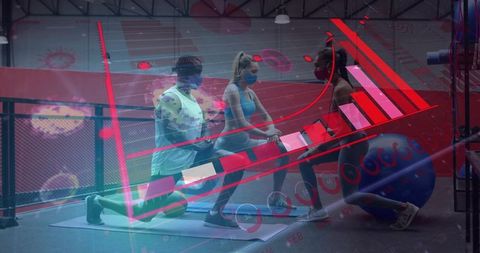 Masked gym trio training with data analytics overlay performing lunges on mats