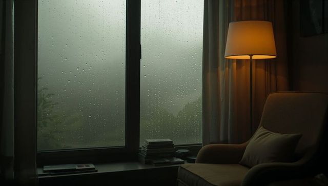 Cozy rainy-window reading nook glowing with warm lamp light and stacked books