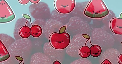 Cute Illustrations of Fruit with Fresh Raspberries Background