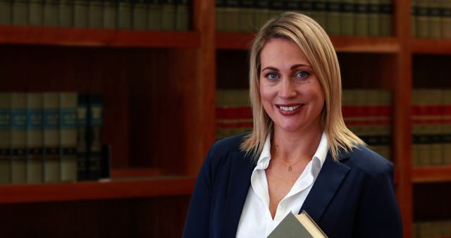 A professional Caucasian woman stands confidently in a library, a lawyer or businesswoman, with copy space. Her poised demeanor and the legal tomes in the background suggest a setting of expertise and authority.