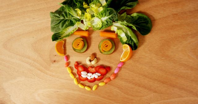 Creative food art smiling face made with fresh fruits and vegetables on wooden surface. Perfect for promoting healthy eating, nutrition education, and fun meal ideas for children. Can be used in food blogs, children’s nutrition campaigns, wellness websites, and educational materials.