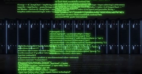 Digital data processing on server stack with green code overlay