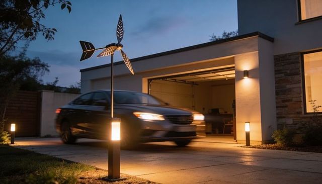 Dusk driveway with sedan entering modern garage, illuminated bollard lights and windspinner