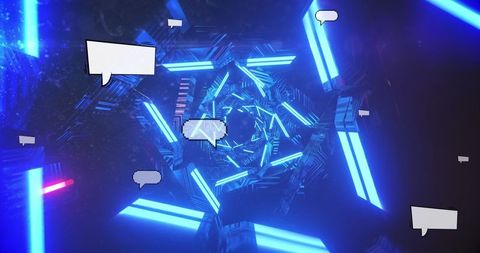 Digital tunnel with social media icons in futuristic setting