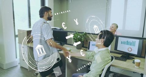 Banking Professionals Shaking Hands with Currency Symbols Floating