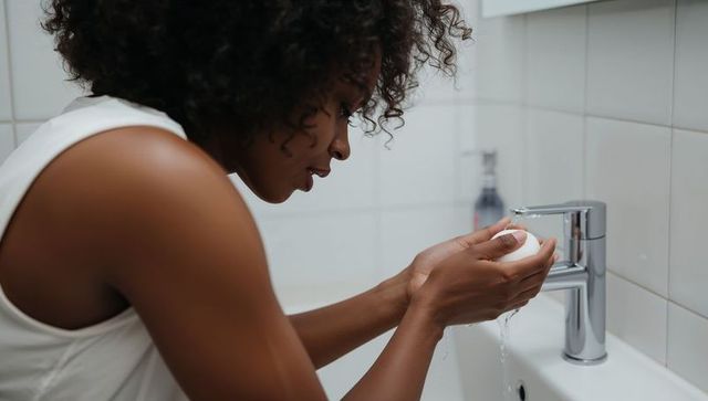 Woman washing hands with white soap at modern tiled bathroom sink, personal care routine