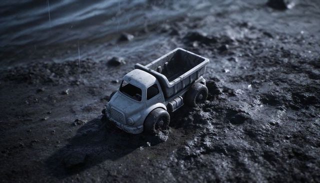 Weathered toy dump truck sinking into muddy shoreline during rain