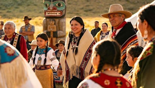Smiling native woman wearing fringed shawl and beadwork holding child's hand at heritage gathering b
