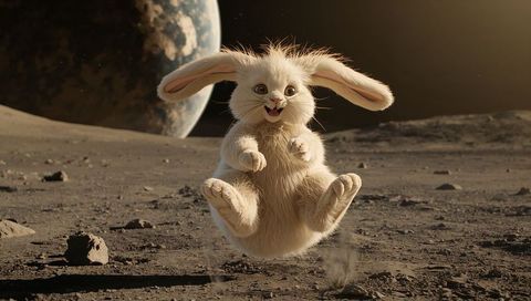 Leaping Fluffy Rabbit Floating Over Moon Surface with Planetary Backdrop and Dust Plumes