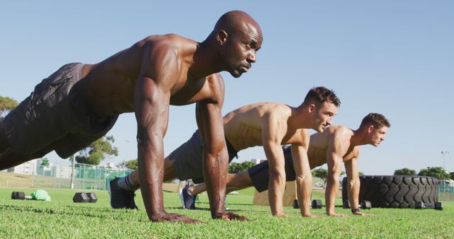 Diverse group of three fit men exercising outdoors, doing push ups - Download Free Stock Photos Pikwizard.com