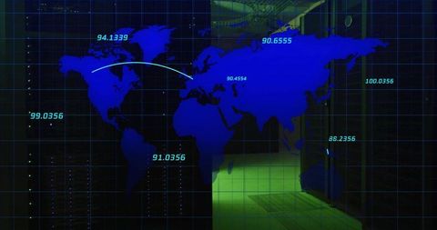 Futuristic Blue World Map Projection with Data Metrics and Global Connectivity Dashboard