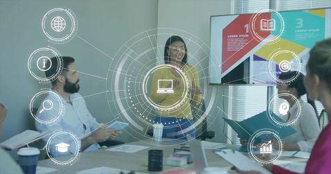 Presenting Woman Leading Team Meeting with Digital Infographic Overlay in Boardroom