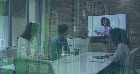 Tech-Focused Business Meeting with Financial Data Overlay