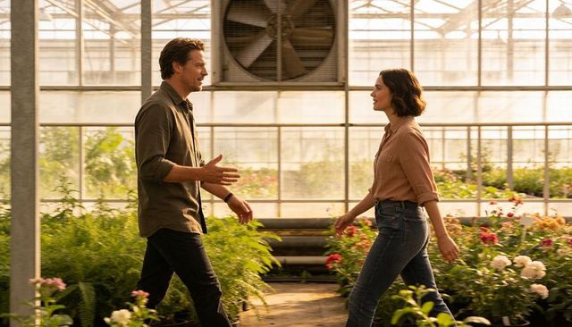 Couple walking and meeting on sunlit greenhouse path among flowering plants and foliage