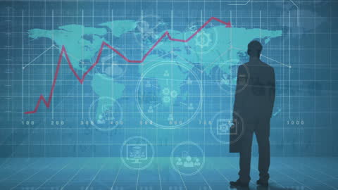 Silhouette of Businessman Analyzing Data with Global Interface