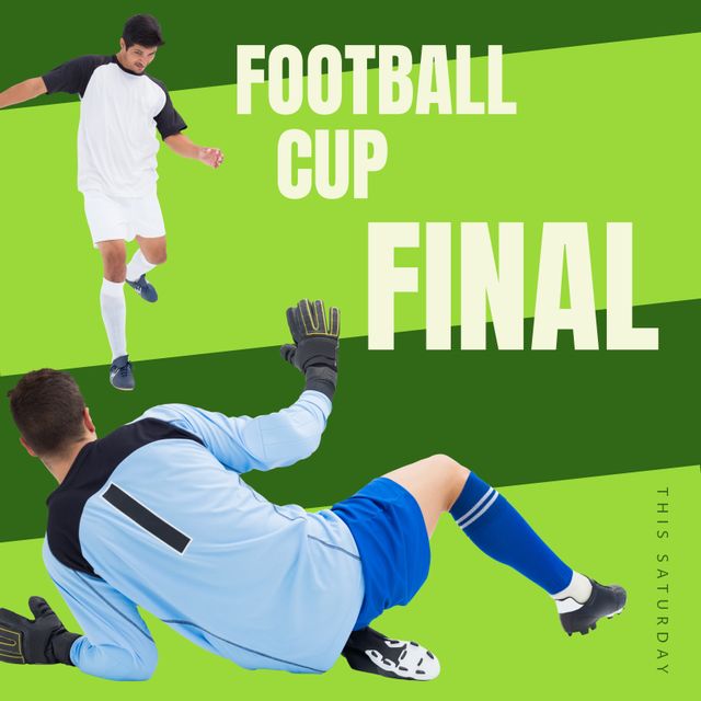 Football Cup Final with Forward Kicking and Goalkeeper Saving on Green Background - Download Free Stock Templates Pikwizard.com