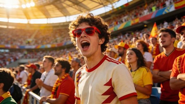 Young fan cheering in sunlit stadium wearing red sunglasses and retro football jersey