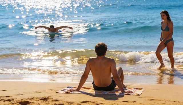 Young man relaxing on beach towel watching friends swimming at sunlit golden shoreline