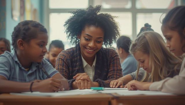 Engaging female teacher with diverse students collaborative learning