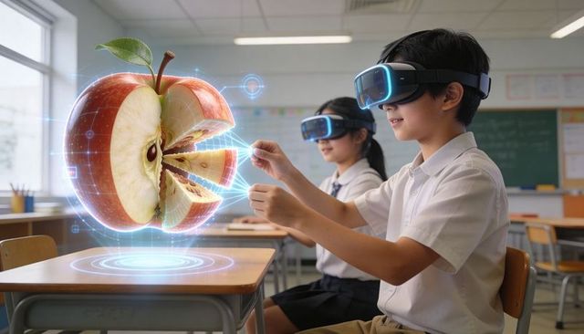 Schoolchildren exploring virtual apple model with vr headsets for stem learning