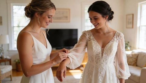 Bridesmaid helping bride adjust lace-sleeved wedding gown in cozy sunlit living room