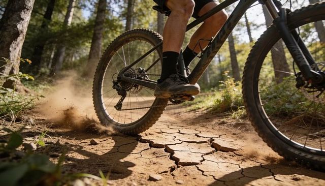 Mountain biker kicking up dust on cracked pine trail with spinning rear tire