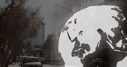 Digital Globe Overlay on Cityscape Representing Global Business