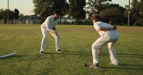Diverse teammates practicing cricket fielding and bowling on sunlit park grass
